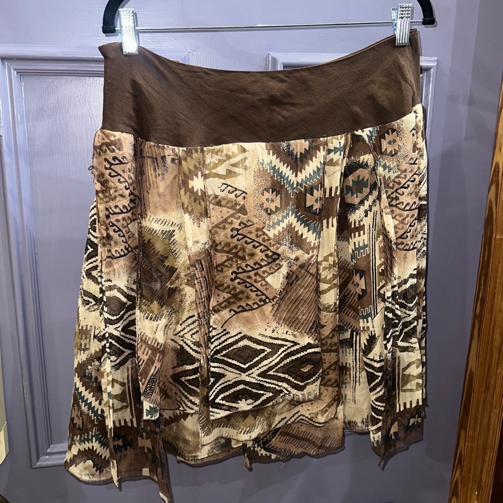 Womens Brown Silk Geometric Tribal Print Asymmetrical Tiered Mini Skirt Size 10